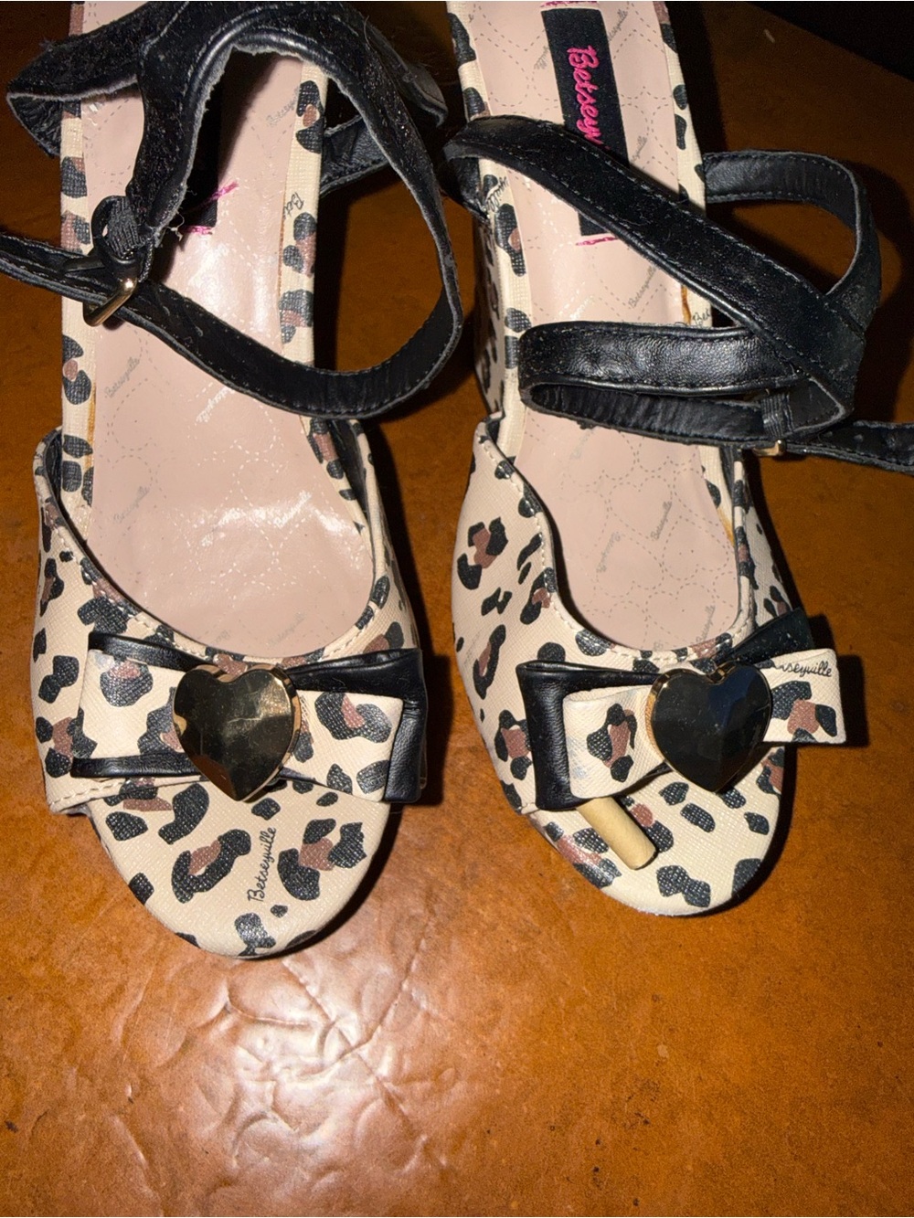 Betsey Johnson Leopard Print Heels with Black Straps and Gold Heart Charm
